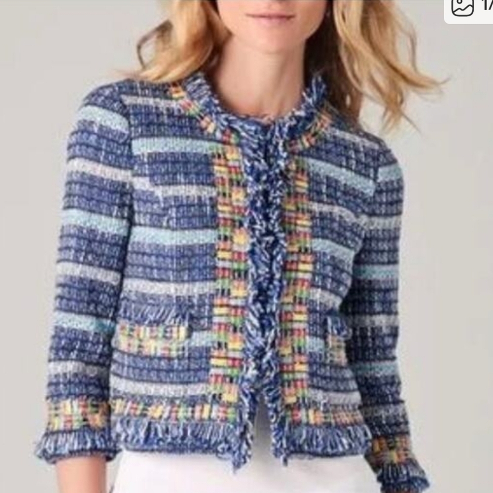 Tory Burch Blue Multi Tweed Fringe Jacket